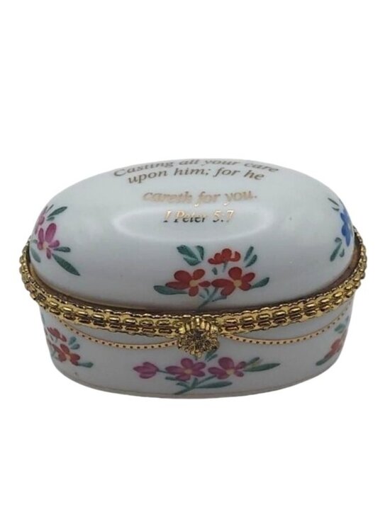 imperial Other - Imperial Porcelain Floral Hinged Oval Trinket Box w/ 1 Peter 5:7 Bible Verse